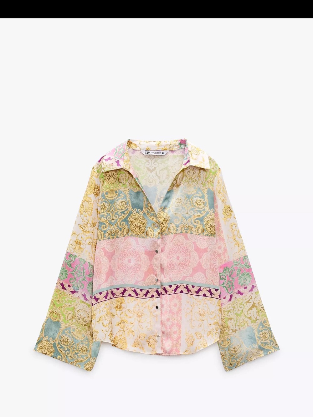 Zara Baroque Print Button-Down Shirt in Pink, Gold, Blue & Green